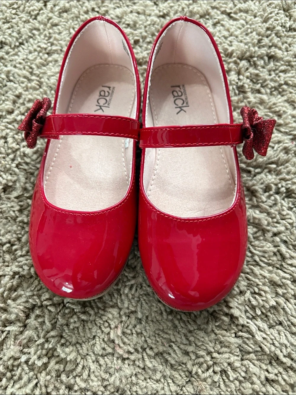 Nordstrom Girls Red Patent Mary Jane with Glitter Bow Accent
